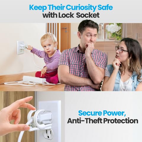 Lock Socket Adjustable Outlet Cover Lock - White | Anti-Theft, Child-Safe Plug Lock | Secures 2 or 3 Pronged Plug & Adaptors, Includes Security Screw & Allen Wrench | Secures Most Cords | Made in USA