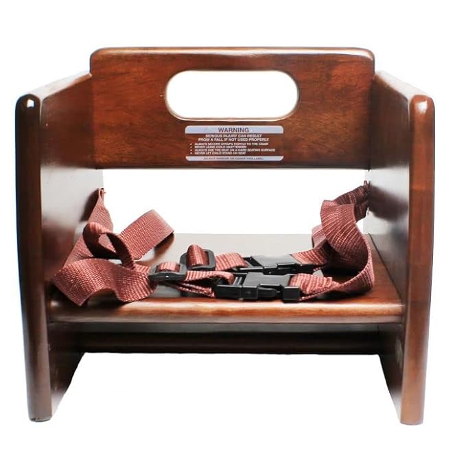 TrueCraftware–17" Children Booster Seat Walnut Wood Finished Rubber Wood with Harness Straps Seat Back Support Maximum Knock-Down Package Stackable Booster Seat for Dining Table