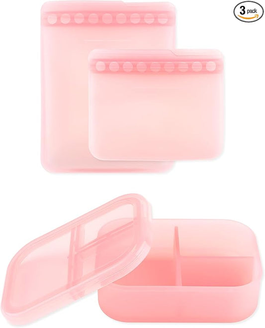 Bumkins - Silicone Bento Box & Reusable Snack Bag Set - 3 Sections & Leak-Proof Lid - Food Safe - 2 Zip Bags - Washable, Microwave, Freezer & Dishwasher Safe - 3 pack - Pink