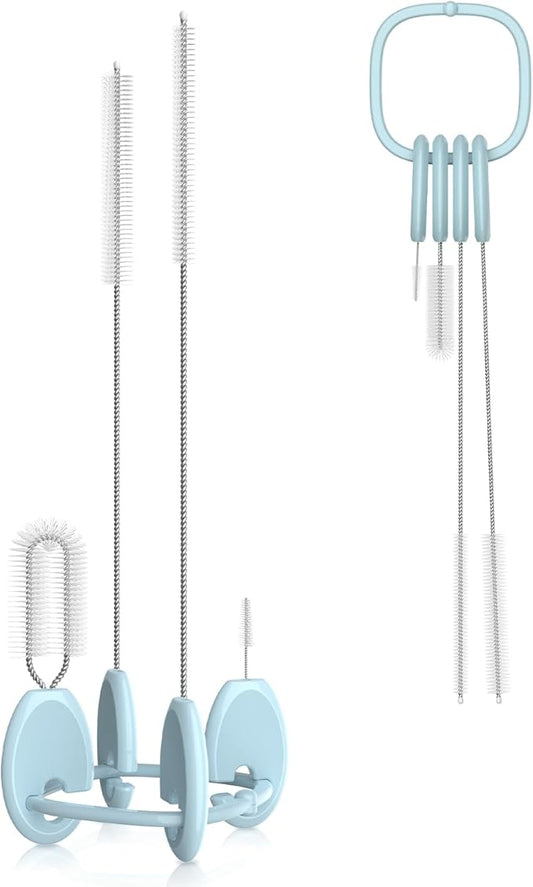 YOTIME 4in1 Straw Cleaner Brush Set, Reusable Standing Straw Brushs with Holder Ring, for Wide and Narrow Straws, Tumblers, Water Bottles and Cups, Blue