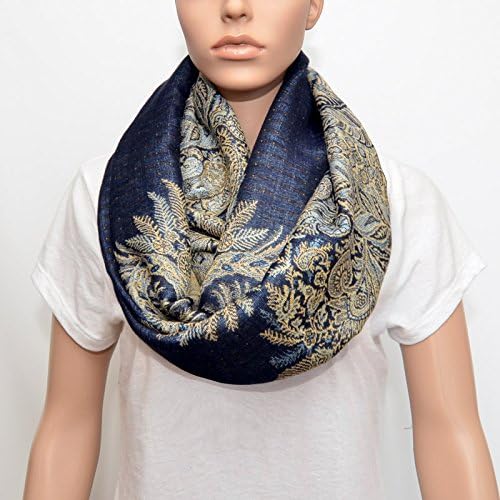 Nursing Cover - Nursing Scarf - Nursing Infinity Scarf - Breastfeeding Cover (Navy Blue with Floral Golden Beige Pattern)