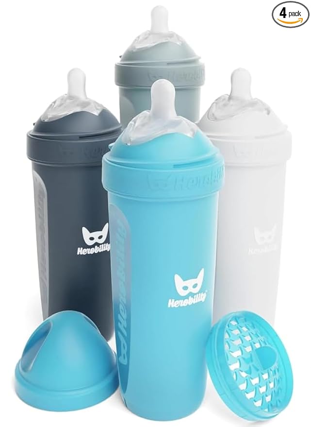 Herobility Anti-Colic Baby Bottles 12 fl oz/340ml - Pack of 4 Plastic Baby Bottles, Slow Flow Plastic Bottles, Breast-Shaped Teat for Breastfed Babies, – Multicolor - White, Gray, Iron Blue, Blue