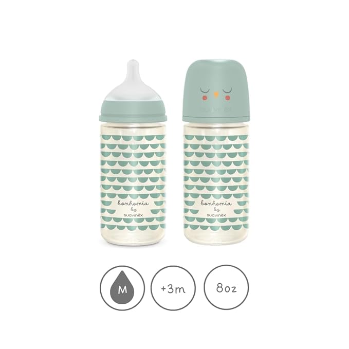 Suavinex Bonhomia Glass Baby Bottle with SX PRO Silicone Nipple, Anti Colic Baby Bottles, Baby Bottles for Breastfed Babies, 2 Pack 8 oz, Mint