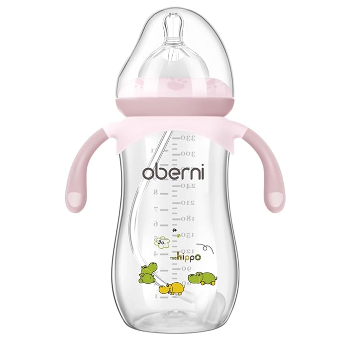 Oberni Toddler Milk Bottle 330ml/11oz, Anti-Colic Baby Bottle with Fast Variable Flow Nipple for 12 Months, Weigthed Straw, Non-Slip Handle, Pink/1Pack