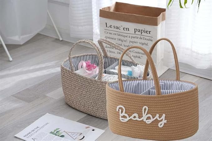Diaper Caddy Organizer, Cotton Rope Baby Storage Basket, Nursery Diaper Organizer With Divider, Portable Diaper Storage - Hemp Yellow