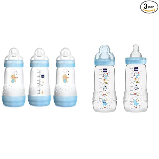 MAM Easy Start Anti-Colic Bottle 9 oz (3-Count), Baby Essentials, Medium Flow Bottles with Silicone Nipple, Blue & Easy Active Baby Bottle, Switch Between Breast and to Clean, 4+ Months