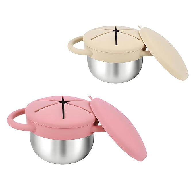 Toddler Snack Cups with Lid Spill Proof, Stainless Steel Baby Toddler Kids Snack Containers, 2 Pack Snack Catcher (Pink&Sandy Brown)
