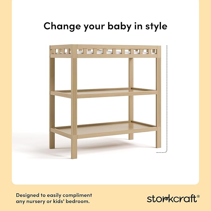 Storkcraft Morningside Changing Table (Driftwood) – GREENGUARD Gold Certified Baby Changing Table, Includes Waterproof Diaper Changing Pad, Easy 30-Minute Assembly, 2 Open Shelves for Storage