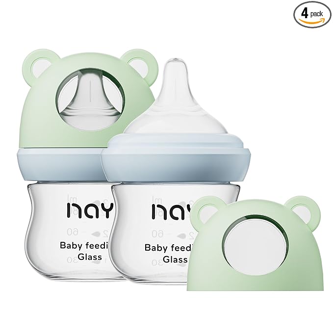 yanyoyo Natural Glass Baby Bottle for Breastfeeding Babies, 3oz Newborn Anti-Colic Baby Bottle with Slow Flow Nipples (SS), Clear, Wide Neck, 2 Pack, 0 Months+