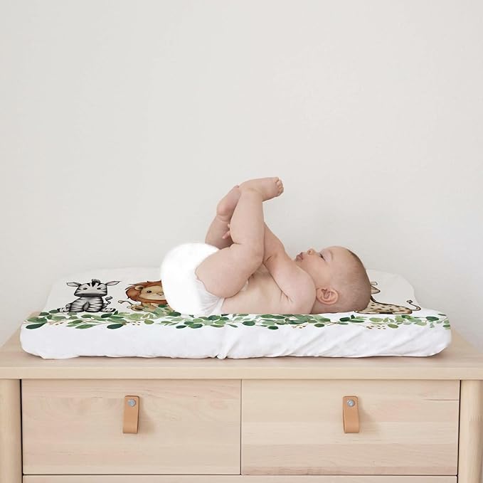Baby Safari Animals Changing Pad Cover Cute Lion Elephant Giraffe Zebra Hippo Green Eucalyptus Leaves Change Table Pad Cover for Boys Girls Soft Stretch Fitted Diaper Changing Mat Sheets 32''x16''