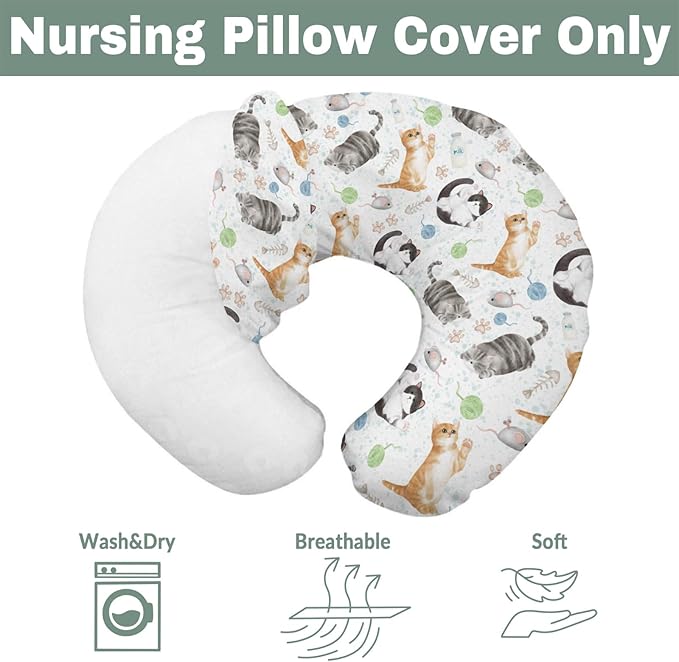 Cute Cat Baby Nursing Pillow Covers for Boy Girl Watercolor Cat Paws Mouse Toy Balls Neutral Nursery Pillowcase for Breastfeeding Pillows Cats Lovers Gift Soft Stretchy Slipcovers for Newborn Infant