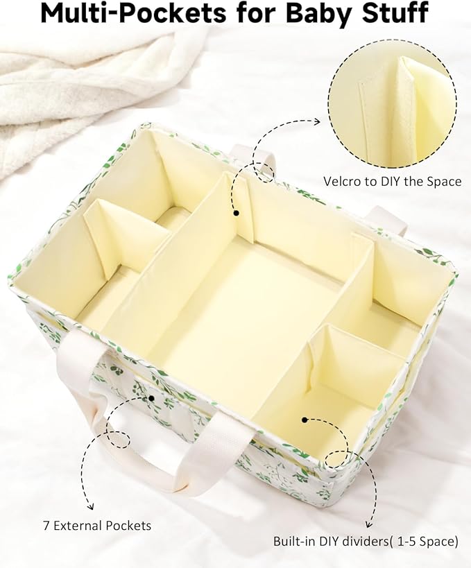 BuyCard Leaf Pattern Diaper Caddy Organizer, Nursery Storage Basket with Handle, Baby Essentials Holder, Cream with Green Floral Design