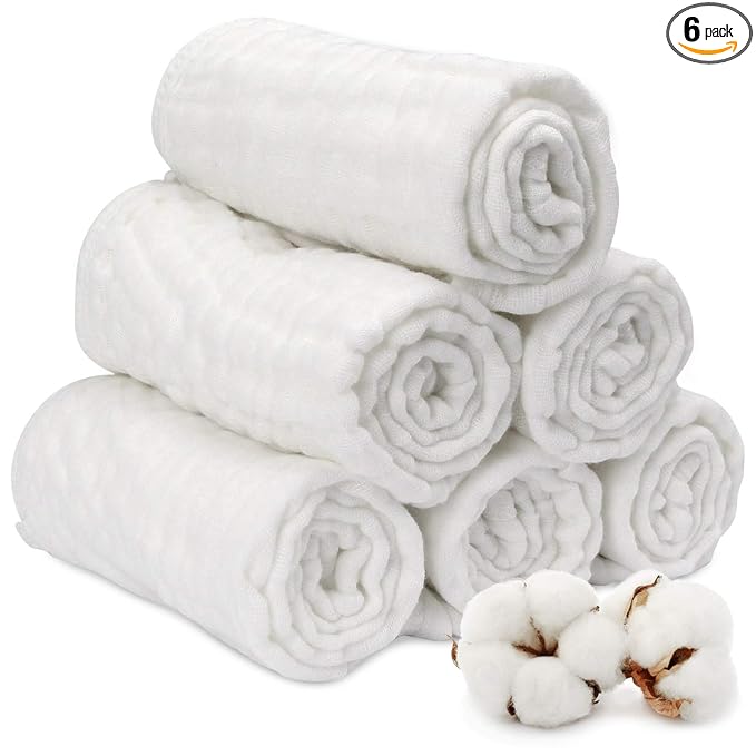 Muslin Burp Cloth for Baby Boys and Girls (6 Pack) | Cotton Newborn Essential Must Have Item | White Unisex Design | Super Soft and Absorbent Burping and Spit Up Cloths | Multi Use Baby Shower Idea