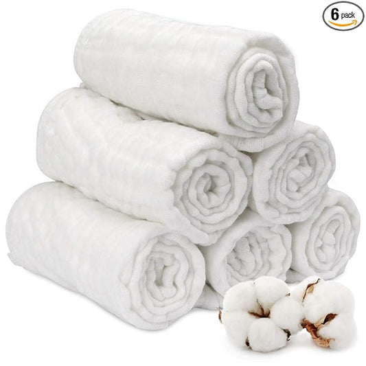 Muslin Burp Cloth for Baby Boys and Girls (6 Pack) | Cotton Newborn Essential Must Have Item | White Unisex Design | Super Soft and Absorbent Burping and Spit Up Cloths | Multi Use Baby Shower Idea