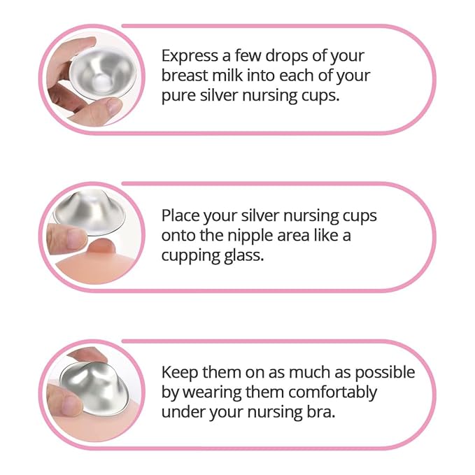 Silveriumom The Original Silver Nursing Cups - Nipple Shields for Nursing Newborn - 100% Pure Silver 999 Silver and Handmade - Nipple Covers Breastfeeding (Trilaminate Silver XL)