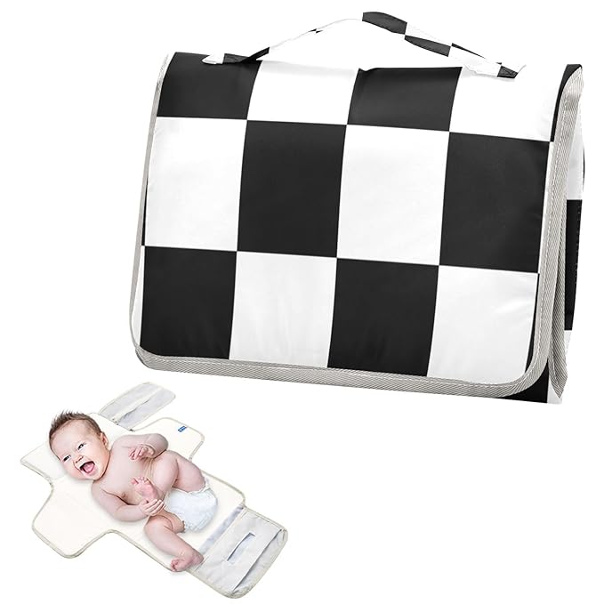 Portable Diaper Changing Pad Travel Baby Changing Mat Waterproof Diaper Changing Mat Foldable Lightweight Baby Changer with Built-in Pillow Checkered Black and White
