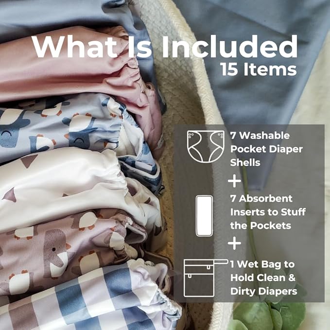 Nora's Nursery Cloth Diapers 7 Pack with 7 Inserts & 1 Wet Bag - Waterproof Cover, Washable, Reusable & One Size Adjustable Pocket Diapers for Newborns and Toddlers - Winter Waddle