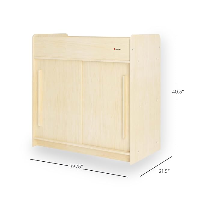 Foundations SafeGlide Daycare Changing Table, Durable Wood Construction, Built-in Shelving for Ample Storage, Gliding Doors, Adjustable Safety Strap, Includes Foam Mattress Pad (Natural)