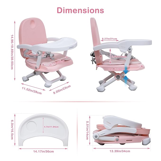 Baby Booster Seat for Dining Table with Removable Tray & Cushion, 3in1 Portable Toddler Booster Seat, 4 Height Adjustable Travel High Chair for Babies and Toddlers