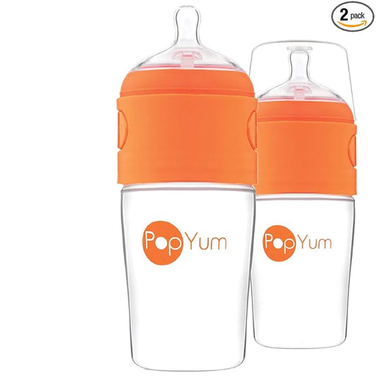 PopYum 9 oz Orange Anti-Colic Formula Making/Mixing/Dispenser Baby Bottles, 2-Pack with #2 Medium Flow Nipples, 260 ml, BPA-Free, Natural Latch