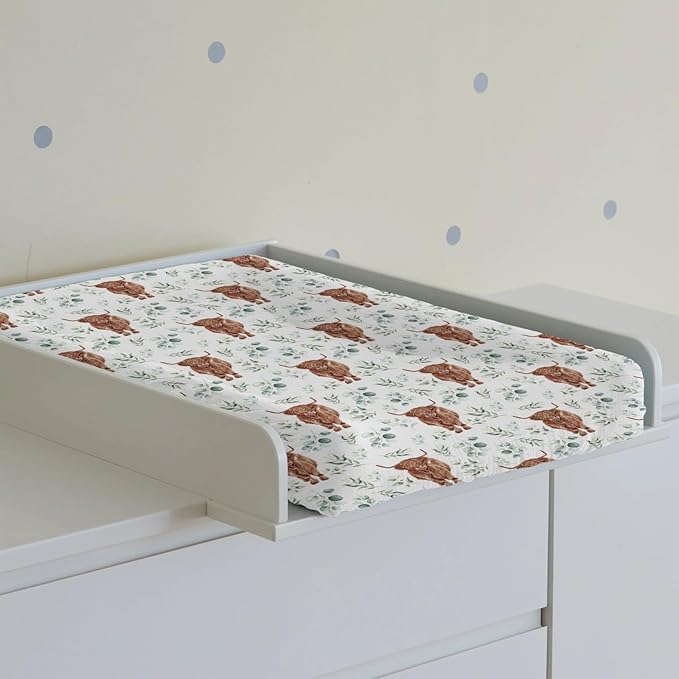 Changing Pad Cover for Baby Girls, 32"/34" x 16" Safe Snug Diaper Change Table Pad Covers, Soft Stretchy Changing Pad Sheets Highland Cow Eucalyptus Leaves Theme Nursery Decor