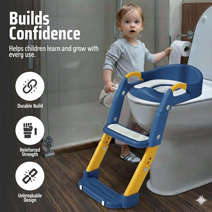 3-in-1 Toddler Potty Training Toilet Seat with Foldable Ladder – Adjustable Toddler Toilet Seat for Boys & Girls with Soft Cushion, Ergonomic Backrest, Non-Slip Pedal and Safety Grips (Blue & Yellow)