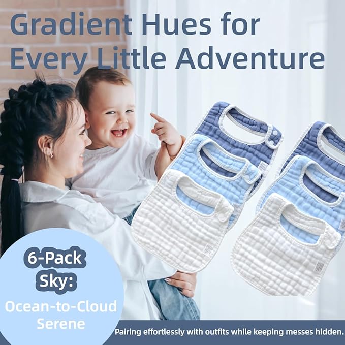 MUKIN Baby Muslin Bibs and Burp Cloths, 6 Pack, Soft Absorbent Cotton, Adjustable