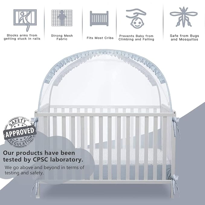 L RUNNZER Baby Crib Tent, Breathable Pop Up Crib Tent Canopy Keep Baby from Climbing Out, Crib Net to Keep Baby in with Auto-Lock Zipper(55.2" L x 27.6" W x 51.6" H)
