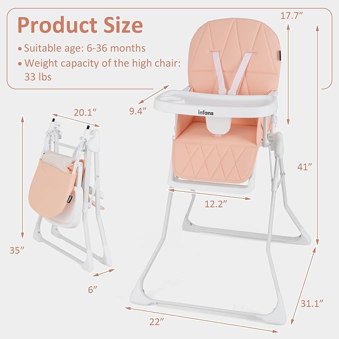 INFANS Baby High Chair, Quick Folding Portable Highchair for Babies and Toddlers with Adjustable Footrest Removable Dishwasher Tray PU Seat, Compact Highchairs for Baby Age 6-36 Months