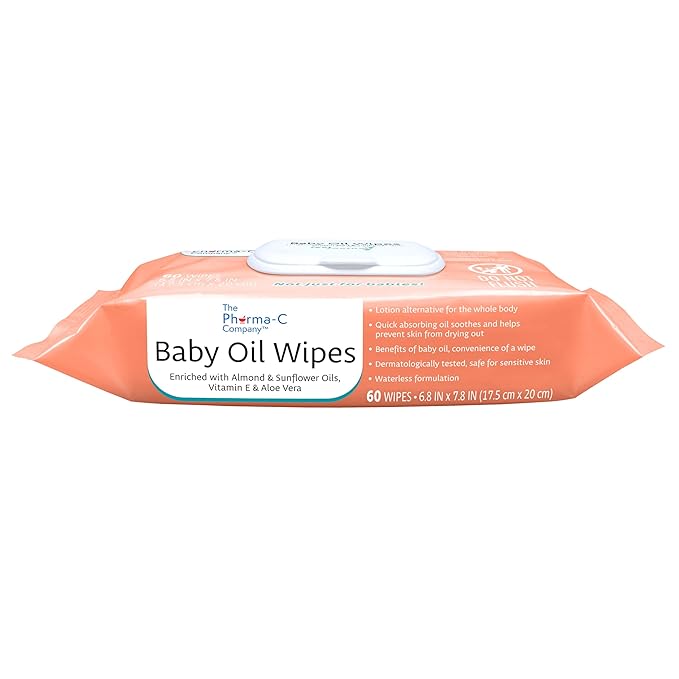 The Pharma-C Company Baby Oil Wipes (9 Packs of 60) Enriched with Almond and Sunflower Oils, Aloe and Vitamin E.