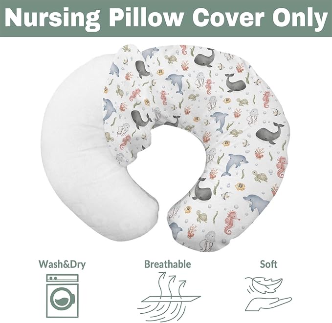 Watercolor Sea Animals Baby Nursing Pillow Covers for Boy Girl Whale Dolphin Turtle Jellyfish Coral Nursery Pillowcase for Breastfeeding Pillows Ocean Marine Soft Stretchy Slipcover for Newborn Infant