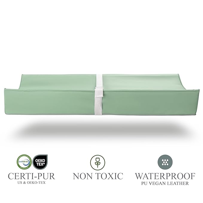 Vegan Leather Contoured Baby Changing Pad | Waterproof & Wipe-Clean PU Leather Diaper Change Mat, Soft, Wipeable Cover, Safety Strap, Non-Slip Bottom, Topper for Standard Infant Diaper Table & Dresser