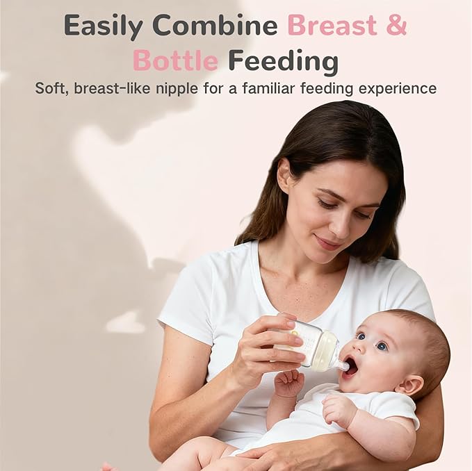 COMI Natural Glass Baby Bottles for Breastfeeding Babies,Newborn Anti-Colic Baby Bottle Set with Slow Flow Nipple,0-3 Months,BPA-Free,4 oz,2 Pack