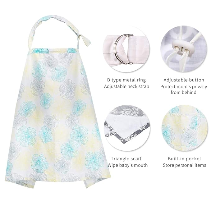SONARIN Stylish Premium Breastfeeding Nursing Covers,Flower Pattern,with Storage Bag & Towel Corners,4 in 1 Multifunction,Nursing Scarf,Breathable & Lightweight(White)