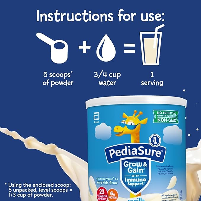 PediaSure Grow & Gain with Immune Support Shake Mix Powder, 23 Vitamins & Minerals, 6g Protein, Non-GMO, Gluten-Free, Vanilla, 14.1 oz Can, Pack of 1-8 servings