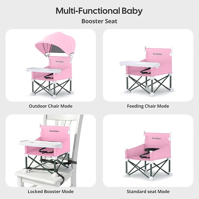 Portable Baby Booster Seat with Removable Tray & Canopy - 3 Point Safety Harness, Compact Fold for Travel, Indoor Outdoor Use for Infants & Toddlers, Pink