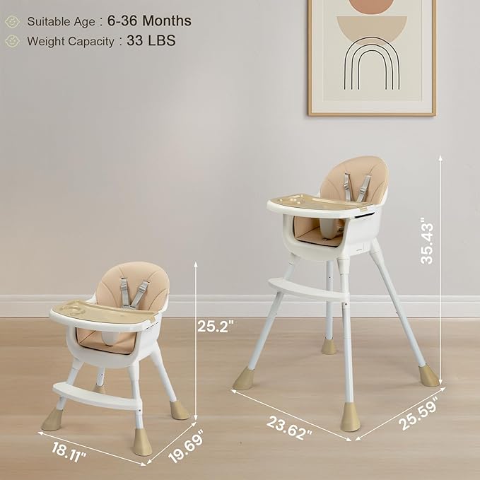 Ktaxon 3-in-1 Baby High Chair, Portable Adjustable Height Highchair with Removable Dual-Layer Tray, 5-Point Safety Harness and Footrest for Toddlers & Babies, Beige