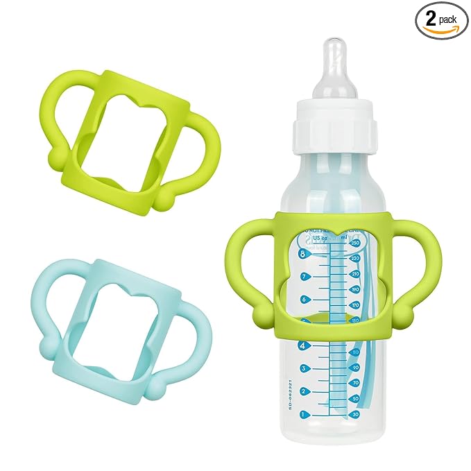 Aolso Silicone Baby Bottle Handles, 2PCS Bottle Handles for Dr Brown Narrow Bottles, Easy Grip Handles to Hold Baby Bottle, Easy Carry Handle Lightweight Bottle Handle(Green/Blue)