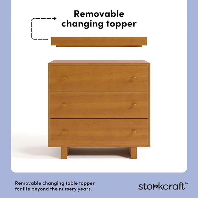 Storkcraft Texas 3 Drawer Chest with Removable Changing Table Topper (Almond) – GREENGUARD Gold Certified Baby Dresser, Interlocking Drawer System for Nursery & Kids’ Bedroom Dresser