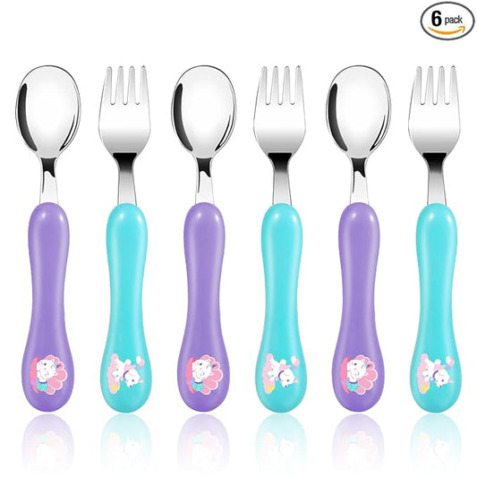 Lehoo Castle 6 Pieces Toddler Utensils, Kids Silverware for 2 3 4 Years Old, Stainless Steel Fork and Spoon Set with Plastic Handle, Safe Toddler Cutlery (Light Purple + Blue)