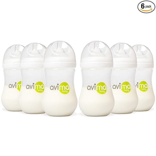 Avima Baby 9 oz Anti Colic Baby Bottles for Breastfed Babies - Medium Flow Nipples, Wide Neck Bottles, BPA Free - 3-6 Months, Stage 2 (Set of 6)