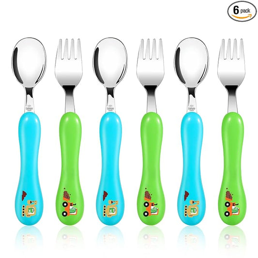 Lehoo Castle 6 Pieces Toddler Utensils, Kids Silverware for 2 3 4 Years Old, Stainless Steel Fork and Spoon Set with Plastic Handle, Safe Toddler Cutlery (Dinosaur)