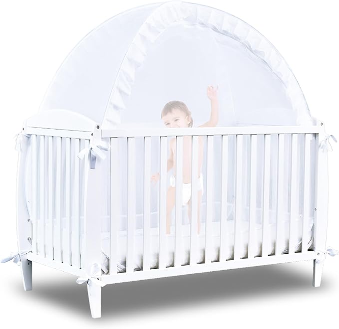 Baby Crib Tent Safety Net to Keep Baby in, Pop Up Crib Tent Canopy Keep Baby from Climbing Out, Mosquito Net for Baby Crib, Ultra Stable Frame, Durable Strong Self-Locking Zipper, White