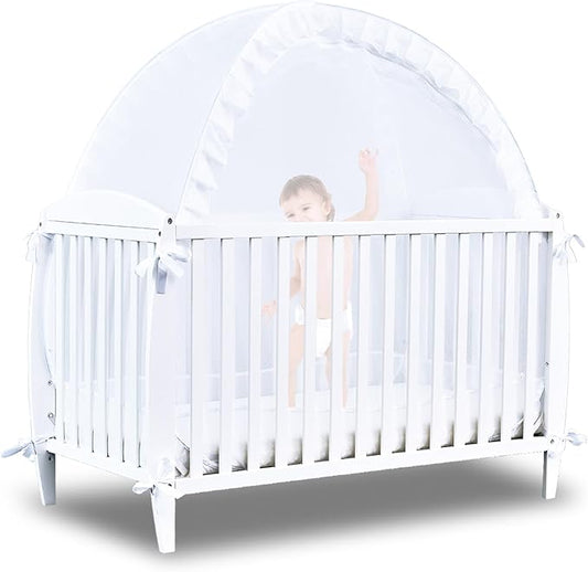 Baby Crib Tent Safety Net to Keep Baby in, Pop Up Crib Tent Canopy Keep Baby from Climbing Out, Mosquito Net for Baby Crib, Ultra Stable Frame, Durable Strong Self-Locking Zipper, White