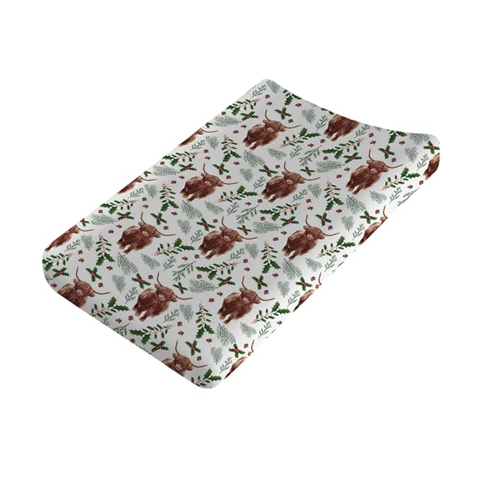 Highland Cows Christmas Cherry Pine Fir Leaves Changing Pad Covers Yak Winter Xmas Baby Diaper Change Table Sheets for Boys Girls Soft Stretchy Fitted Changing Table Mats Covers 32''x16''