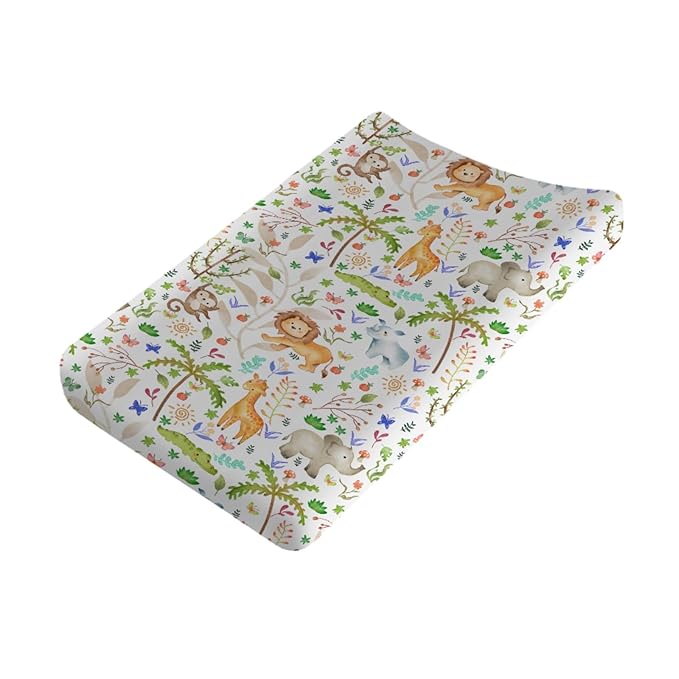 Safari Jungle Animals Trees Changing Pad Cover Lion Elephant Giraffe Monkey Hippo Sun Leaves Baby Diaper Change Table Sheets for Boy Girl Soft Breathable Stretch Fitted Changing Table Mats 32''x16''