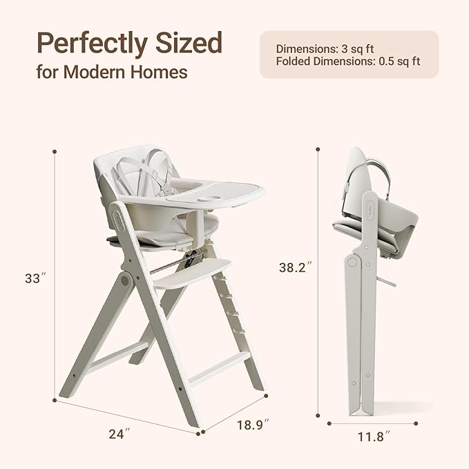 Mamazing GrowPod Pro Wooden Baby High Chair for 6 Months to 300lbs, Easy to Clean with Tray, Compact Foldable Highchair for Kitchen & Dining Room, with 5-Point Safety Harnesses and Guard Bar