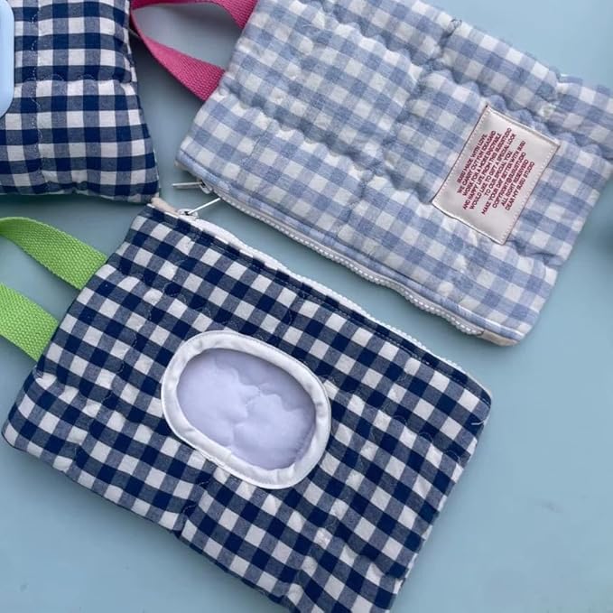 HIBEAR Quilted Diaper Wipe Pouch Portable Mommy Bag Refillable Floral Baby Wipe Holder for Travel Stroller Daily Casual (Plaid B)