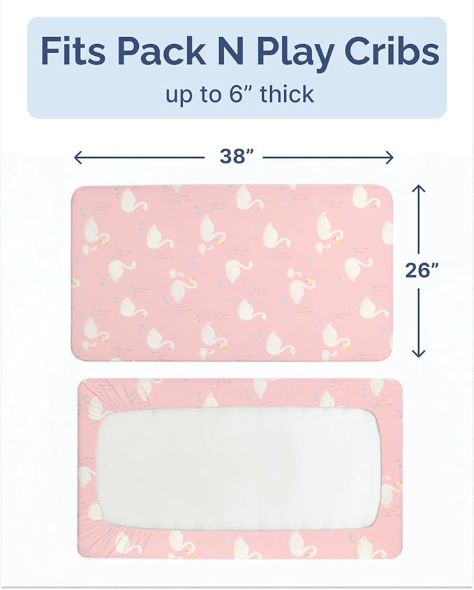 Pack and Play Sheets Fitted - 2 Pack Mini Crib Sheets for Pack N Play Mattress - Unisex Playard Microfiber Bedding for Boys & Girls - Soft, Breathable and Wrinkle Free - Oeko-Tex, 38 x 26in - Swans