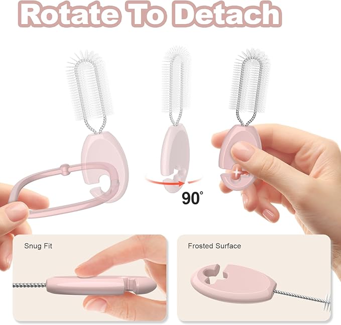 YOTIME 4 in 1 Straw Cleaner Brush Set, Reusable Standing Straw Brushes with Holder Ring, for Baby Bottles, Sippy Cups and Lids, Pink